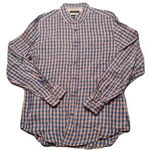 BANANA REPUBLIC CAMDEN FIT LINEN Men Large Blue Orange Plaid Shirt EUC